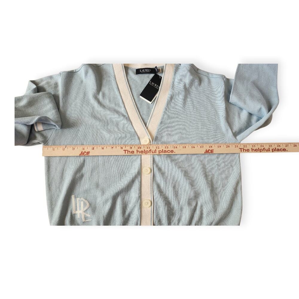 Black Label Ralph Lauren Blue Cream Cropped V Neck Cardigan Sweater Women Large - Picture 7 of 10